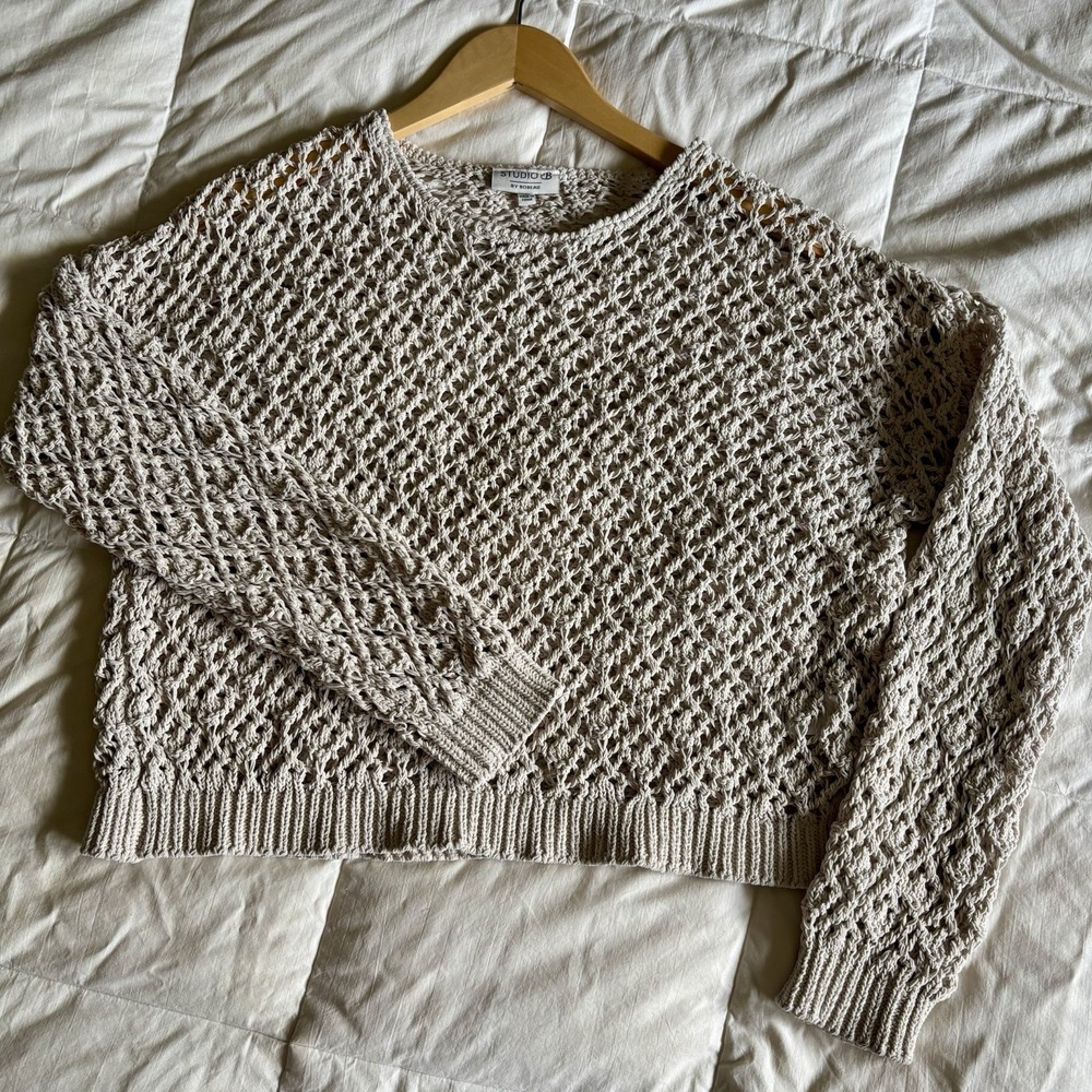 Crochet Crop Boho Fisherman Sweater Women M Neutral Coastal Coconut Resort EUC